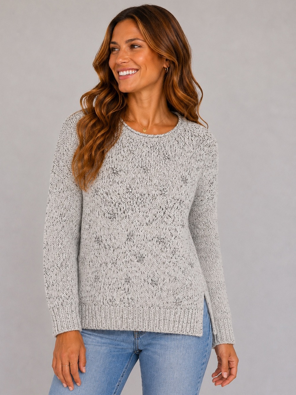 Ann Taylor LOFT Beaded Wool Blend Sweater Winter White Gray Crewneck XL